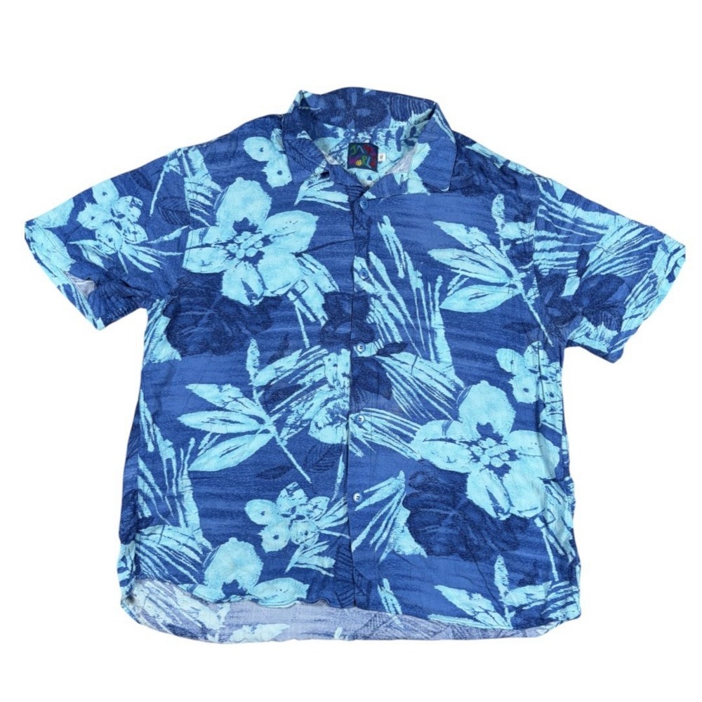 Vintage Jams World Shirt Mens XL Blue Floral Hawaiian Tropical Button Up USA